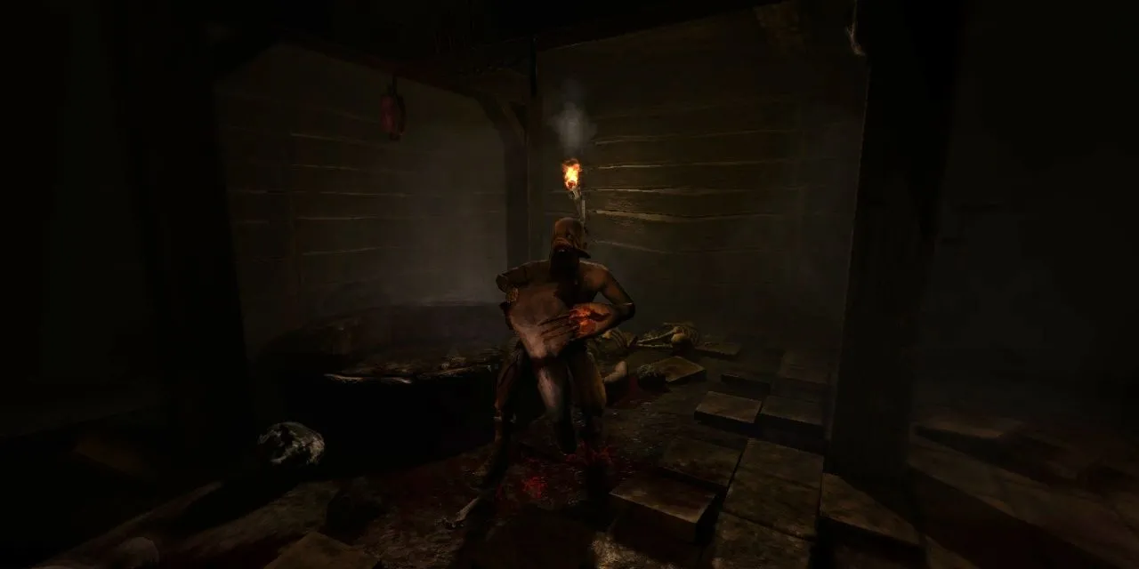 Nhân vật nhìn vào quái vật Gatherer trong game Amnesia The Dark Descent