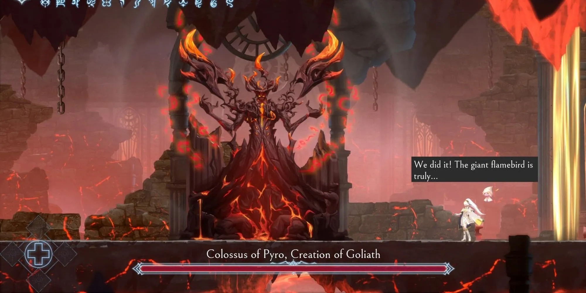 Nhân vật Renee đối mặt với Colossus of Pyro trong game Afterimage