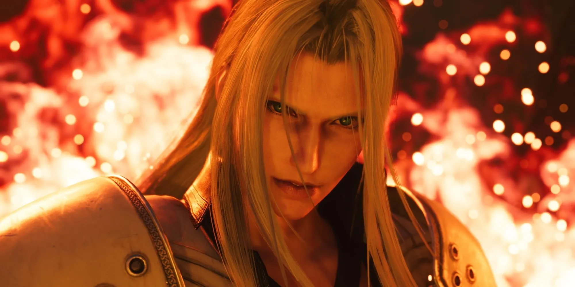 Nhân vật Sephiroth trong Final Fantasy VII đứng giữa biển lửa, một cảnh tượng kinh điển