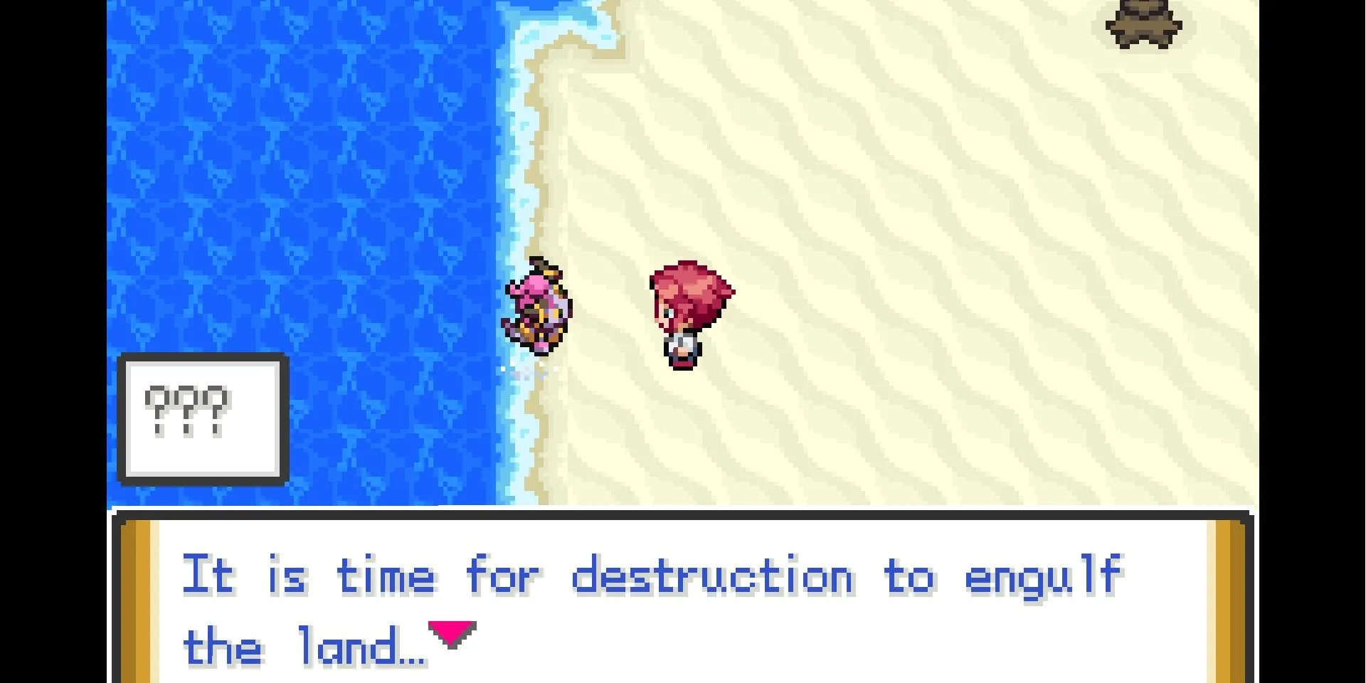 Nhân vật tóc hồng trên bãi biển nói chuyện với Hoopa trong Pokémon Unbound