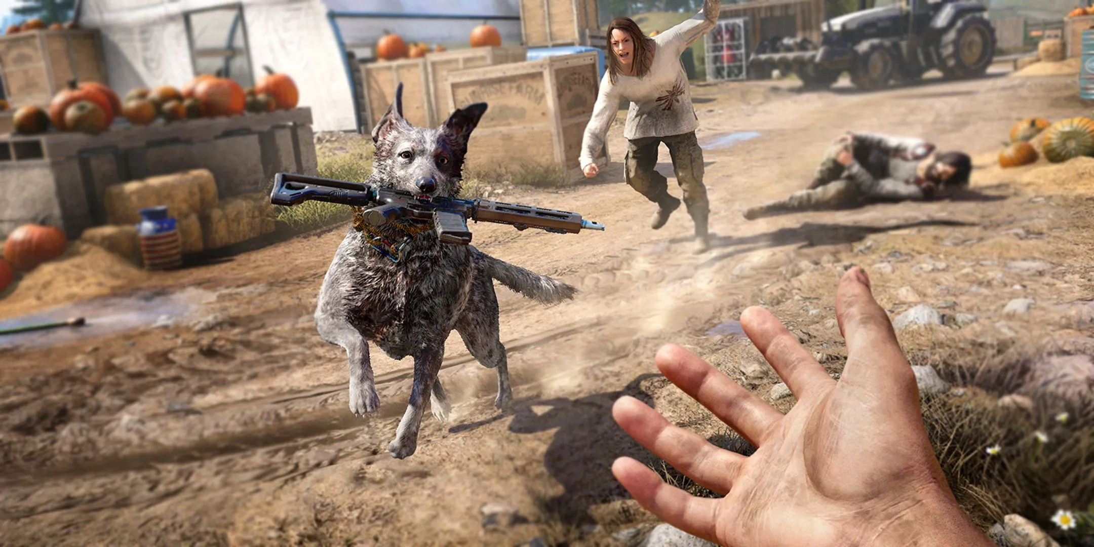 Nhân vật trong Far Cry 5 ngắm bắn với vũ khí trong bối cảnh nông thôn Mỹ