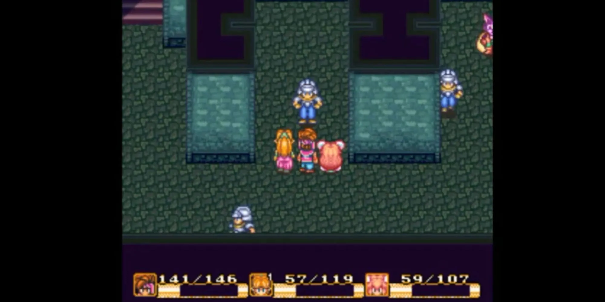 Nhân vật trong Secret of Mana đang đối mặt với một người lính gác