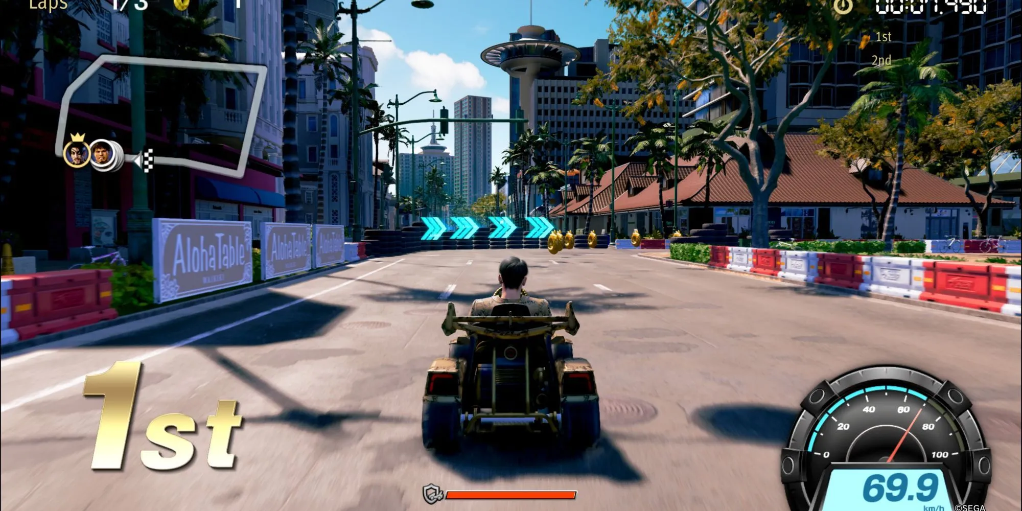 NPC Ran đứng trước quầy Dragon Kart trong Like A Dragon Pirate Yakuza