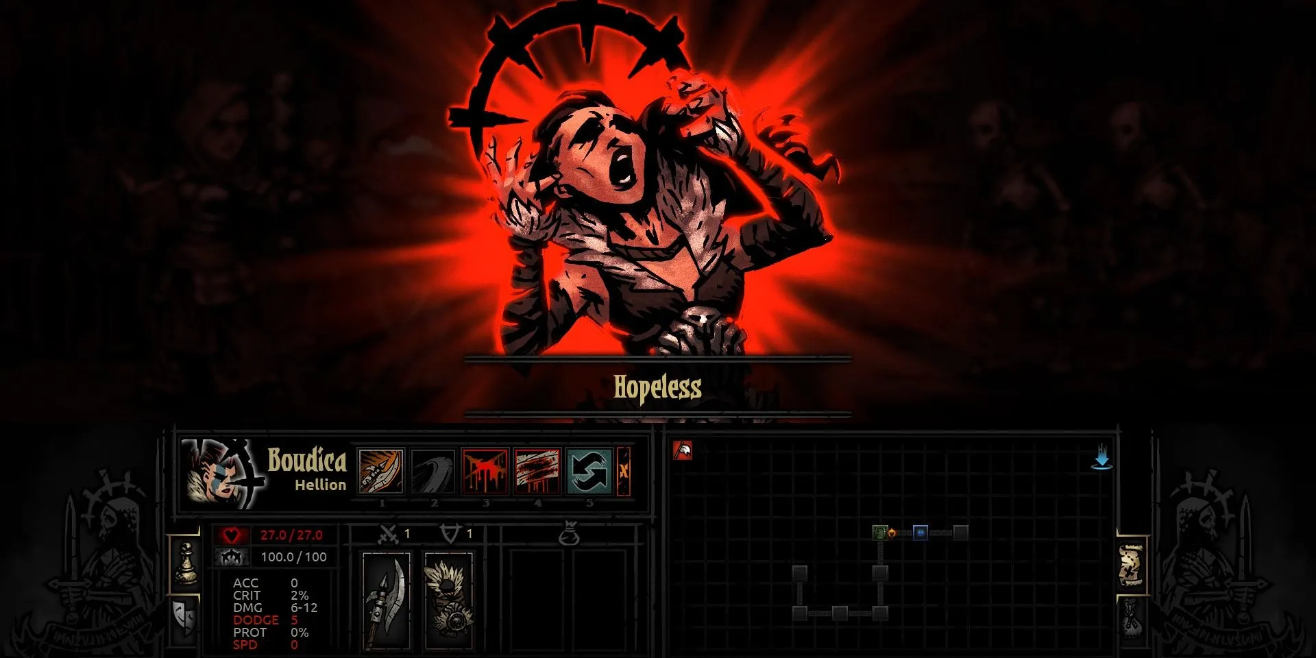 Nữ chiến binh Helion bị ảnh hưởng bởi trạng thái Vô Vọng trong Darkest Dungeon
