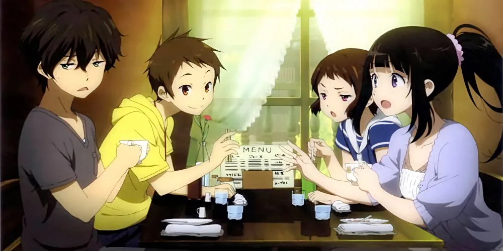 Oreki Houtarou và Chitanda Eru trong Hyouka với ánh mắt tò mò và suy tư