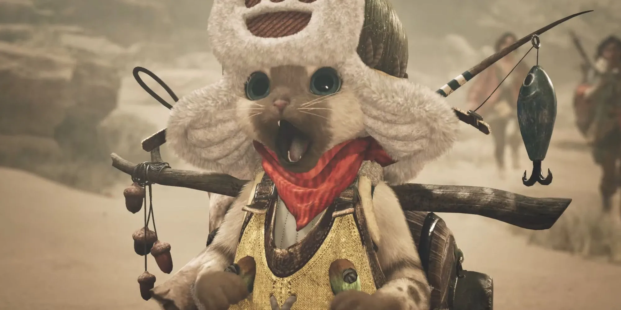 Palico vui mừng sau khi game thủ hạ gục thành công Nu Udra trong Monster Hunter Wilds.