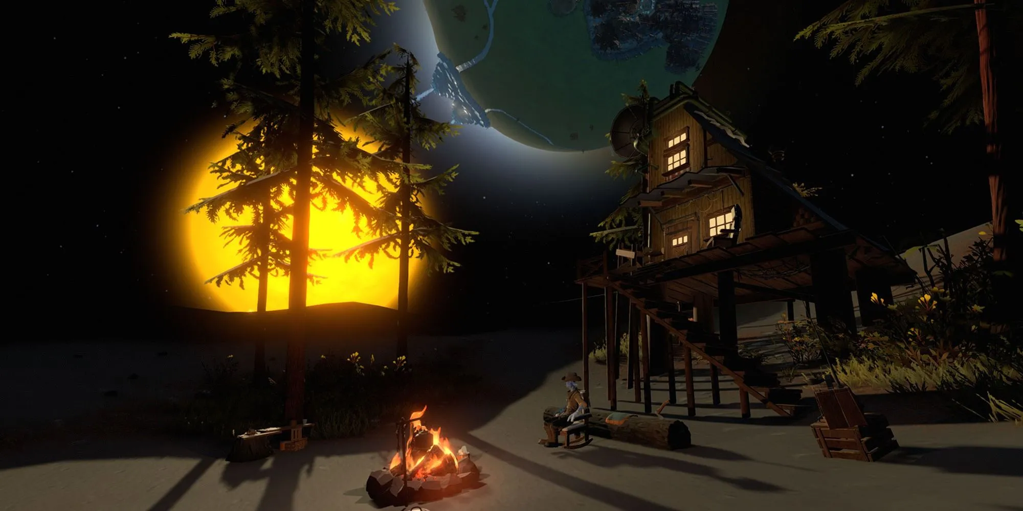Phi thuyền của người chơi đang bay giữa không gian vũ trụ trong Outer Wilds với các hành tinh phía xa