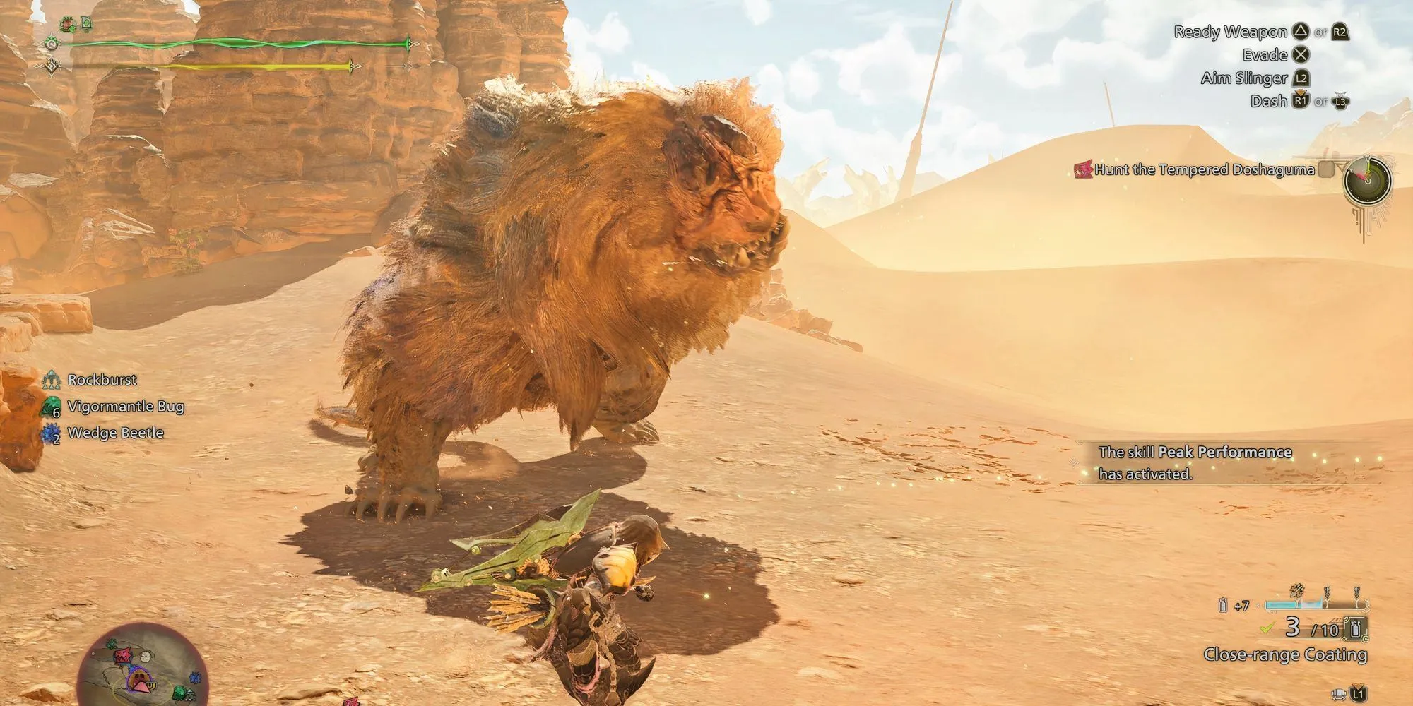 Quái vật Doshaguma tấn công làm văng Ancient Wyvern Coin từ cồn cát ở Windward Plains trong Monster Hunter Wilds