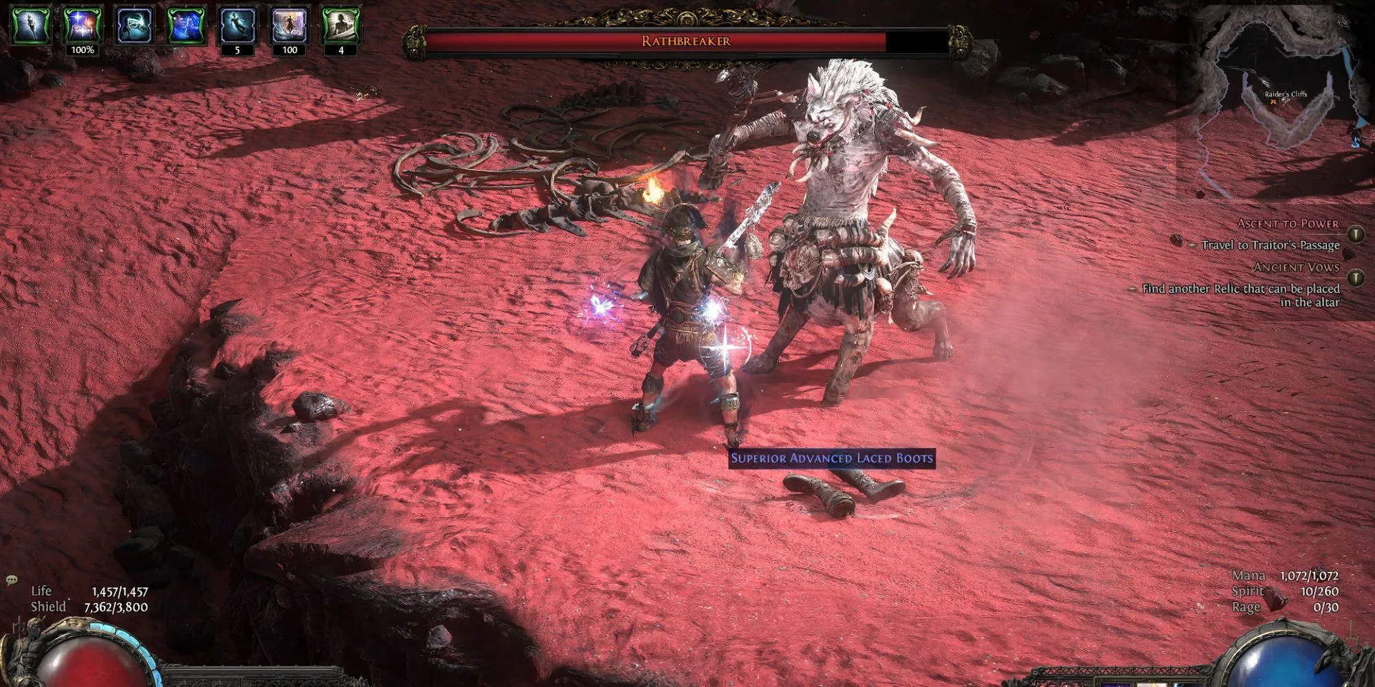 Rathbreaker, boss đầu tiên của Màn 2 trong Path of Exile II, một chiến binh to lớn cầm vũ khí, đứng giữa bầy tay sai.