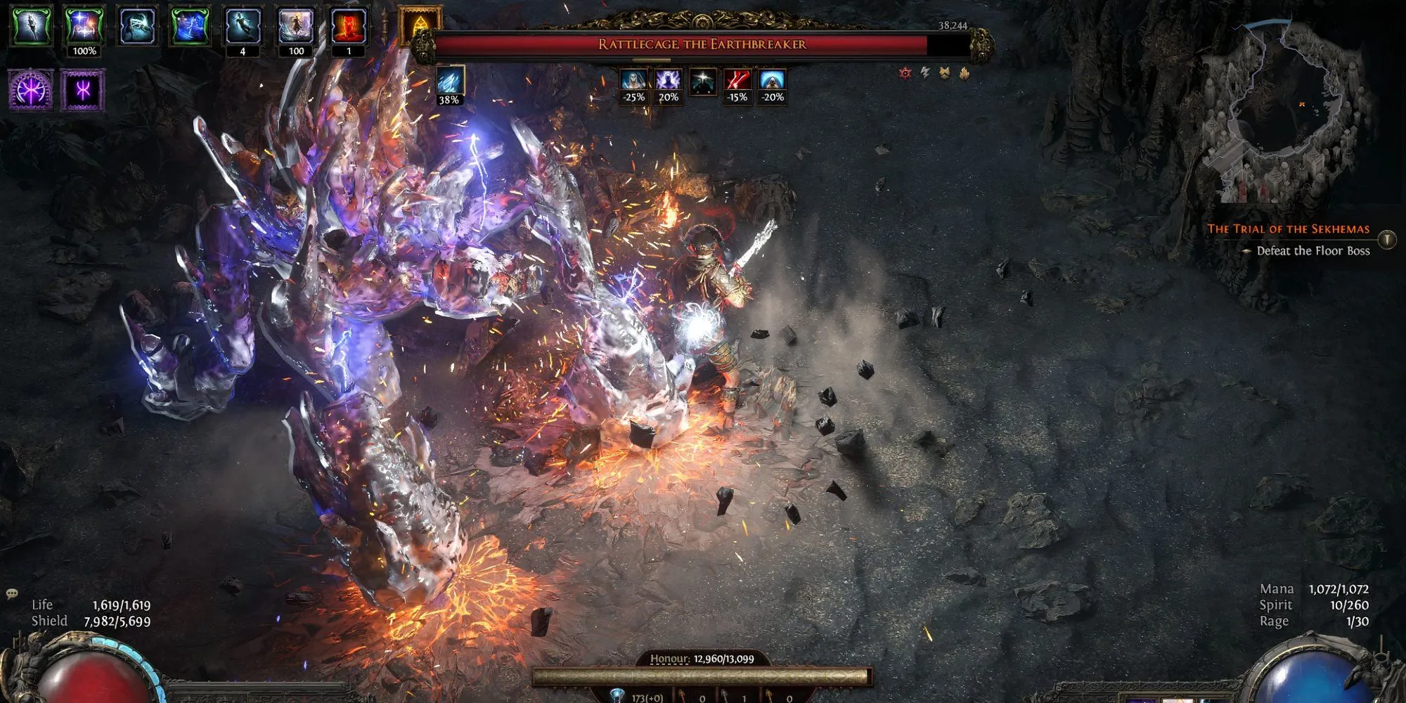 Rattlecage, Kẻ Chấn Động Địa Cầu, một boss dung nham trong Path of Exile II, kết thúc Thử Thách Sekhemas.