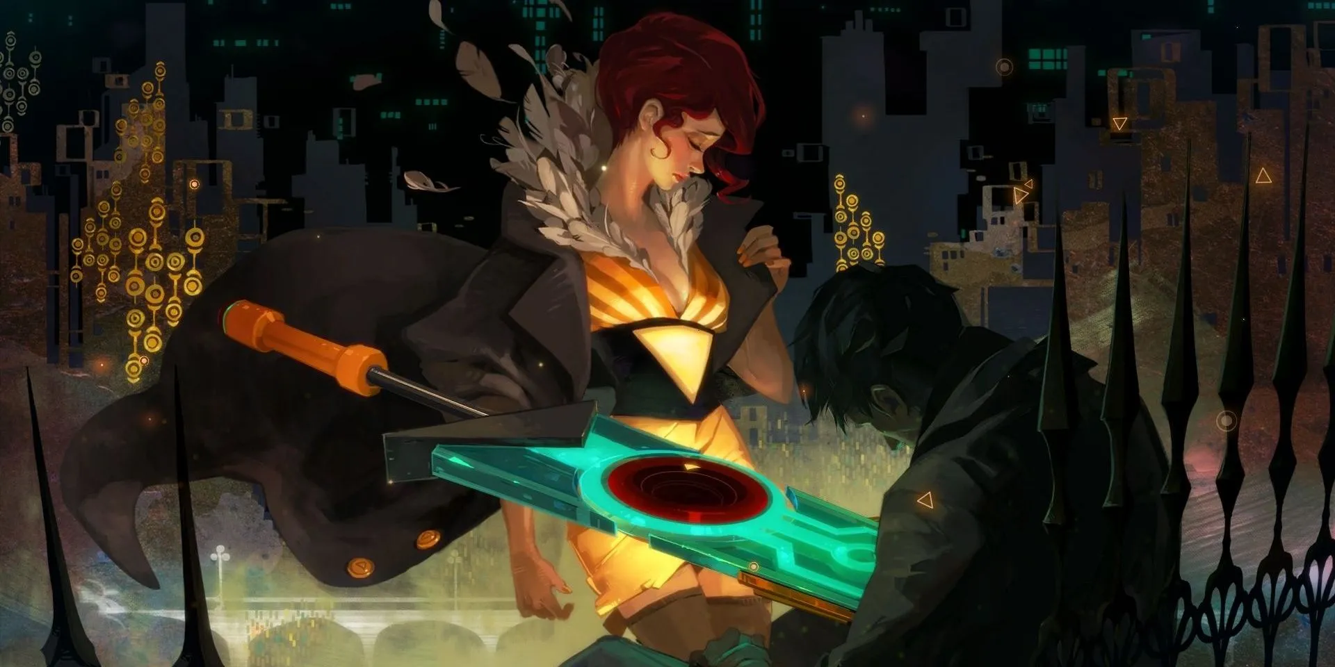 Red cầm thanh kiếm Transistor trong một cảnh game Transistor