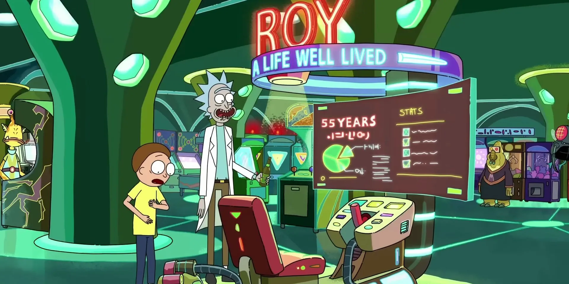 Rick và Morty đứng trước máy game Roy trong series Rick and Morty