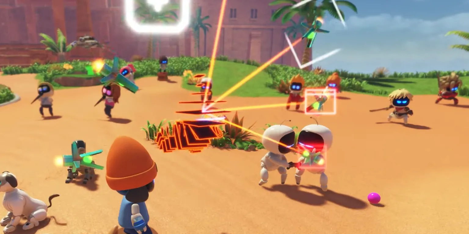 Robot Rez trong game Astro Bot đang tung chiêu trong một màn chơi đầy màu sắc