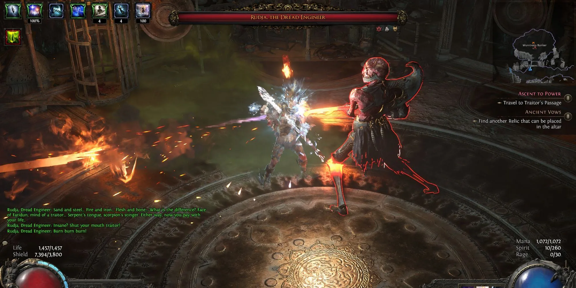 Rudja, Kỹ Sư Kinh Hoàng trong Path of Exile II Màn 2, một nhân vật nữ với vũ khí nổ tự chế.