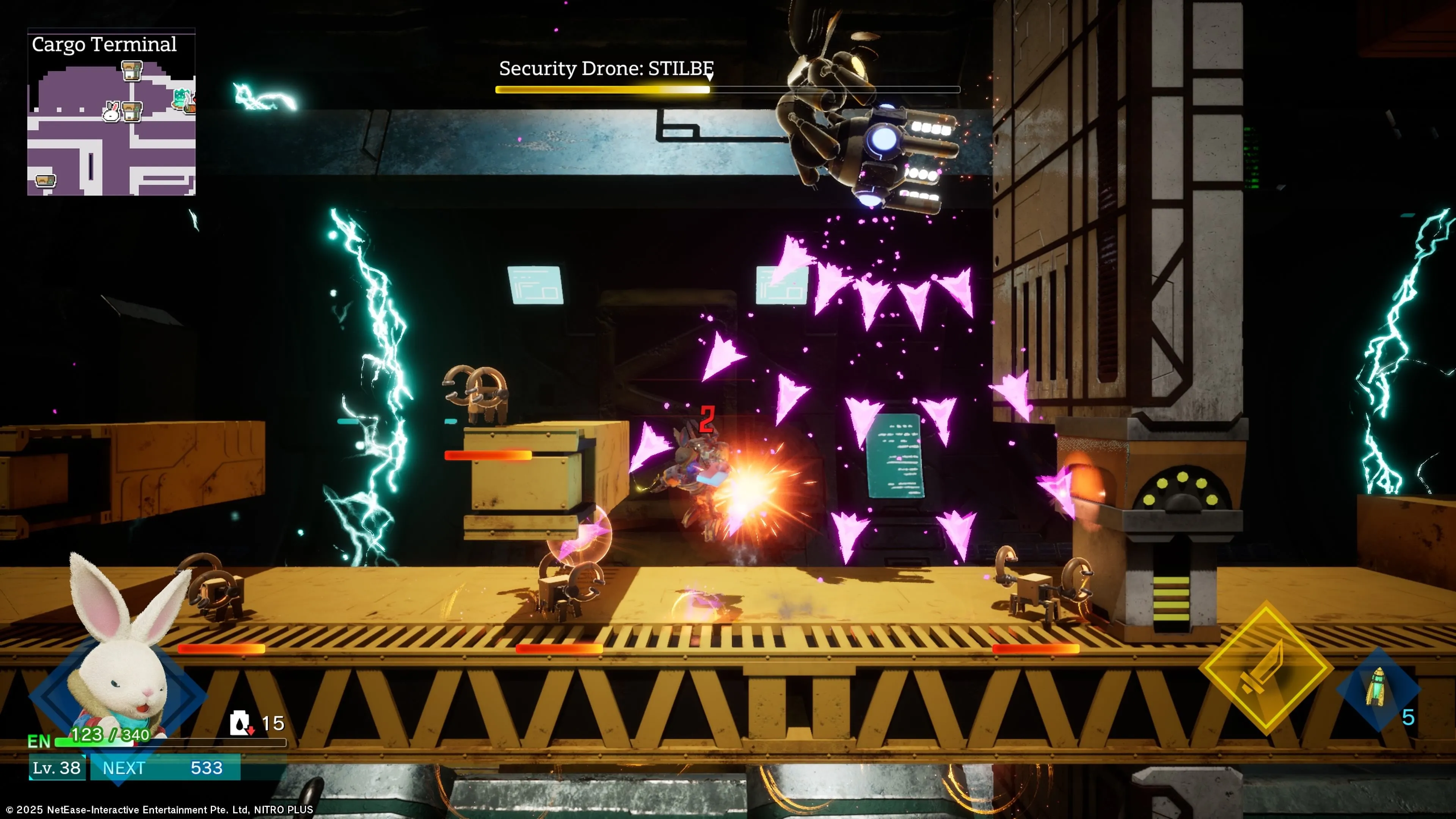 Rusty Rabbit đối đầu với Security Drone STILBE một trong những con boss của game