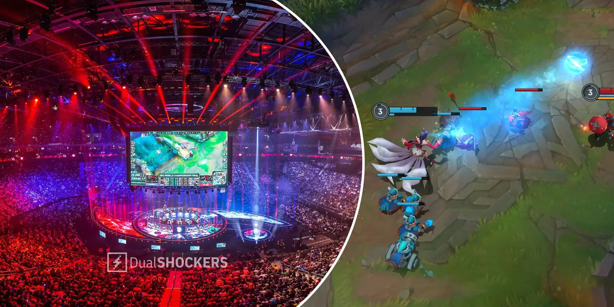 Sân vận động tổ chức Chung kết Thế giới League of Legends với đám đông cuồng nhiệt và hình ảnh gameplay trên màn hình lớn