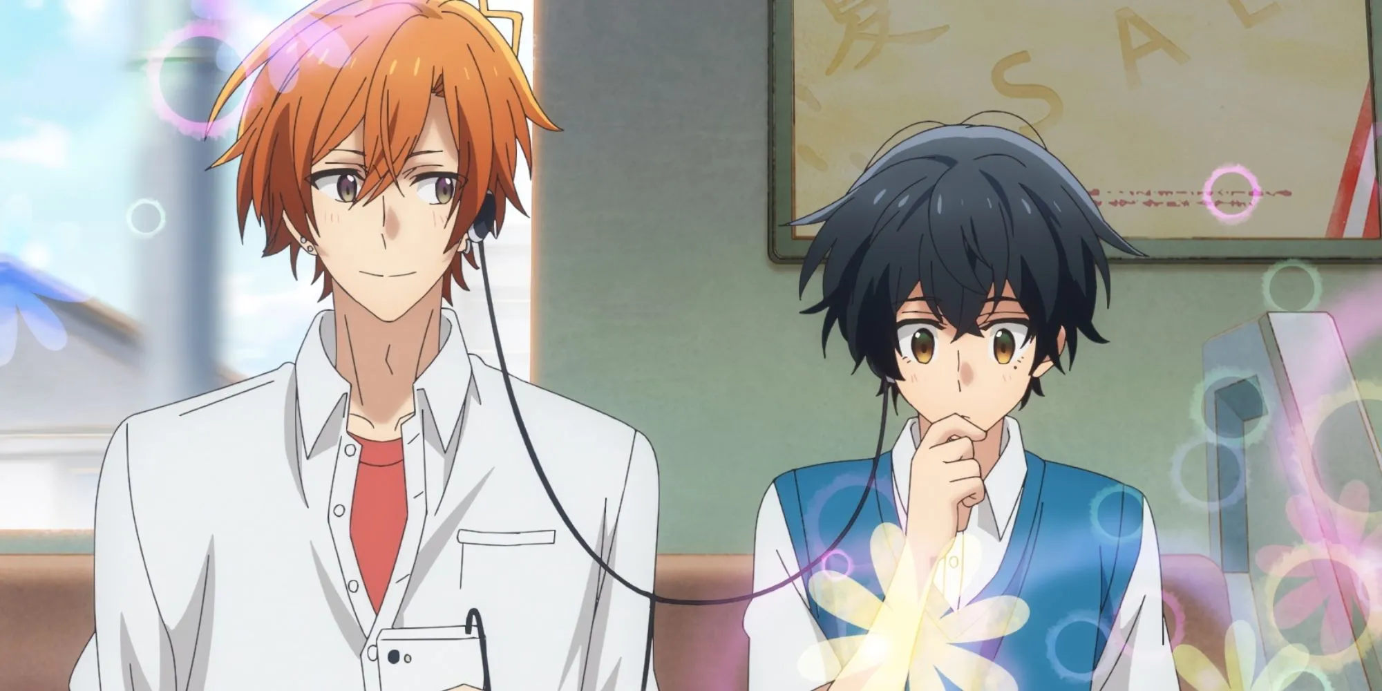 Sasaki Shuumei và Miyano Yoshikazu cùng nhau nghe nhạc trong anime Sasaki and Miyano