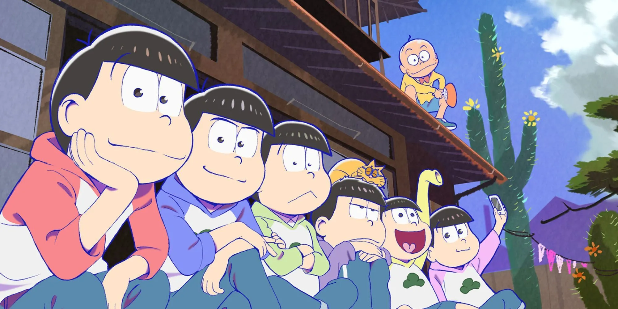 Sáu anh em nhà Matsuno trong anime Osomatsu-san đứng thành một hàng