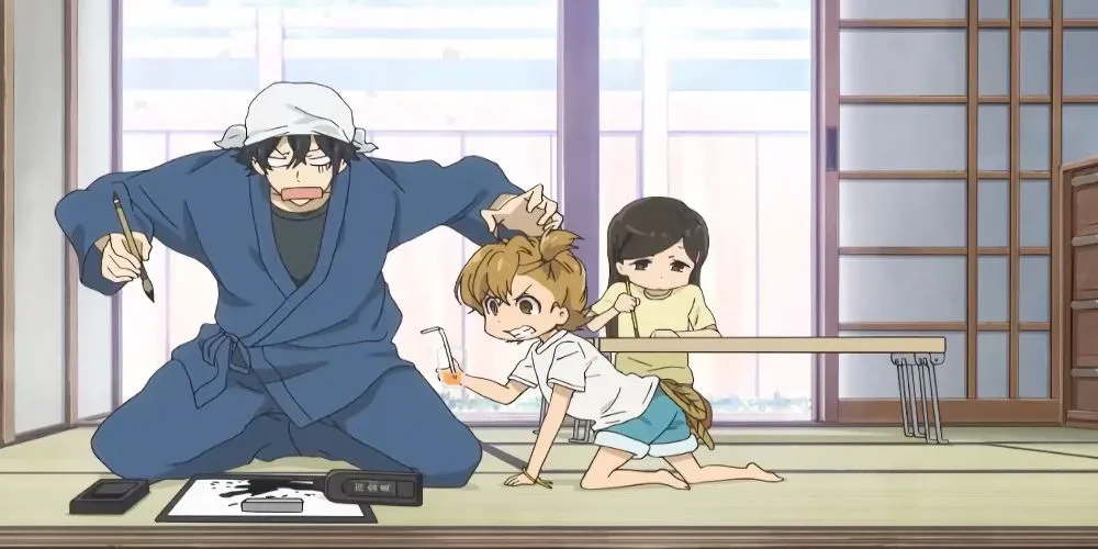 Seishu Handa và Naru từ Barakamon vui đùa hồn nhiên giữa khung cảnh làng quê