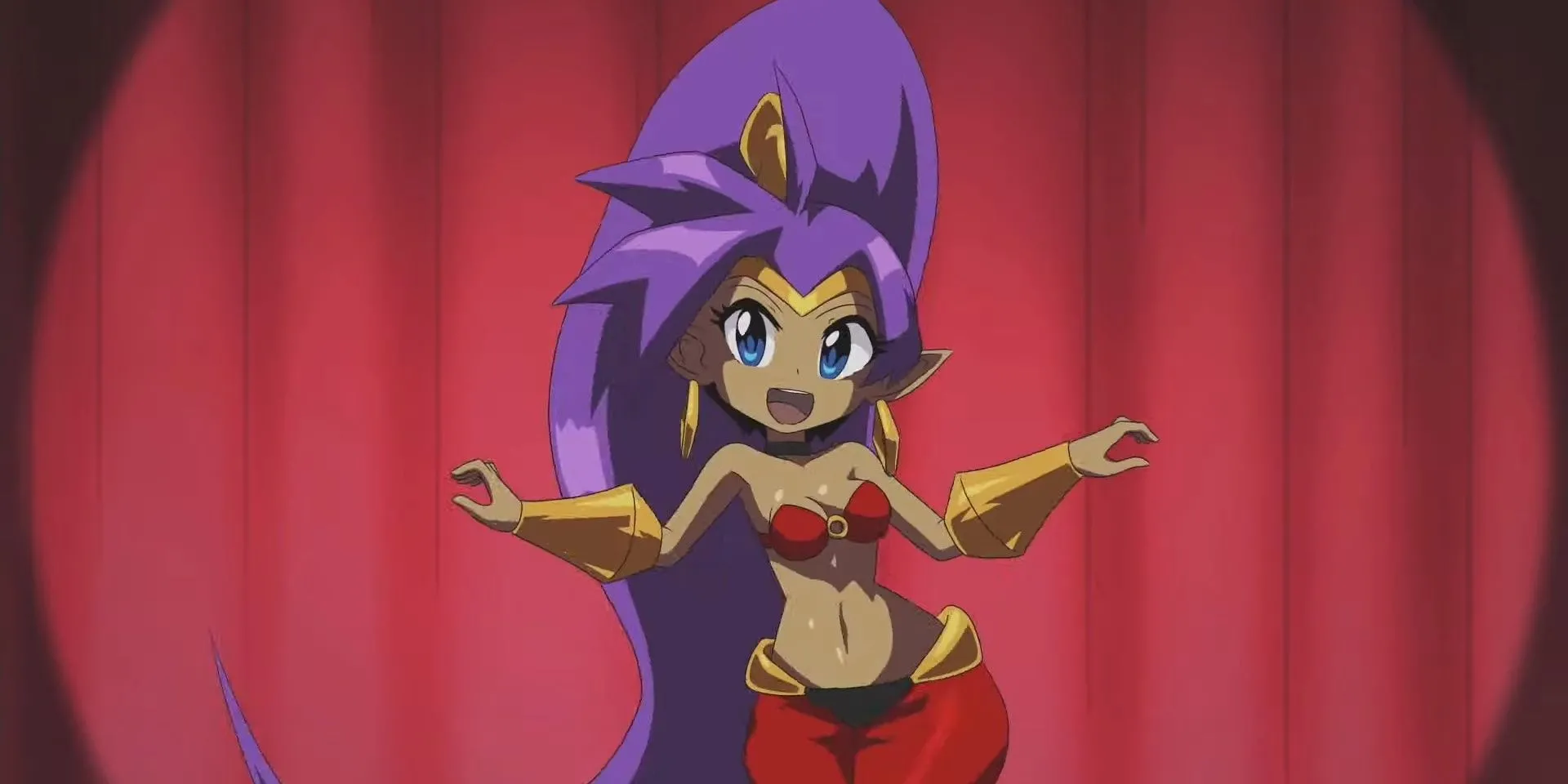 Shantae đang nhảy múa trên sân khấu trong Shantae and the Seven Sirens