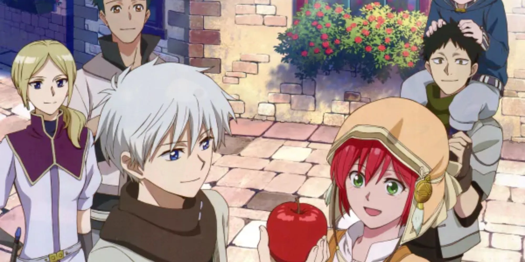 Shirayuki trong Snow White with the Red Hair cầm một quả táo đỏ cùng bạn bè mỉm cười