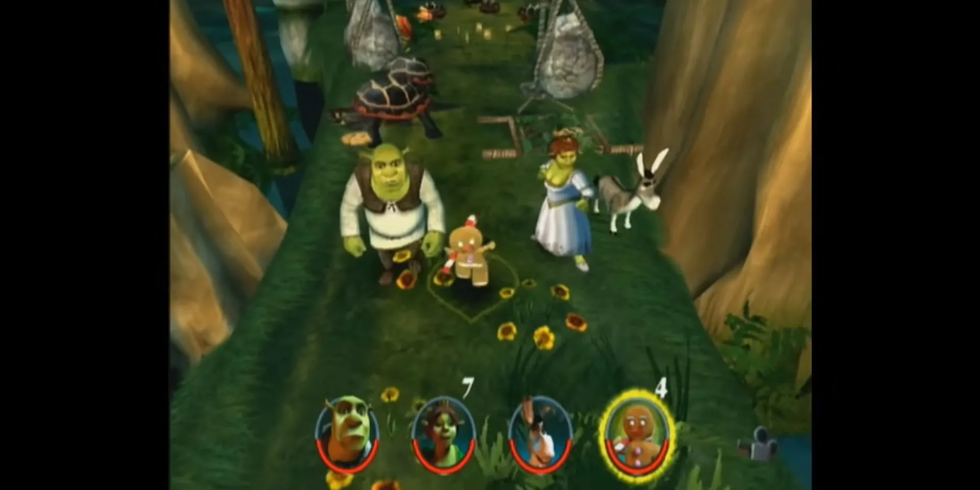 Shrek, Fiona, Donkey và Gingerbread Man trong game Shrek 2