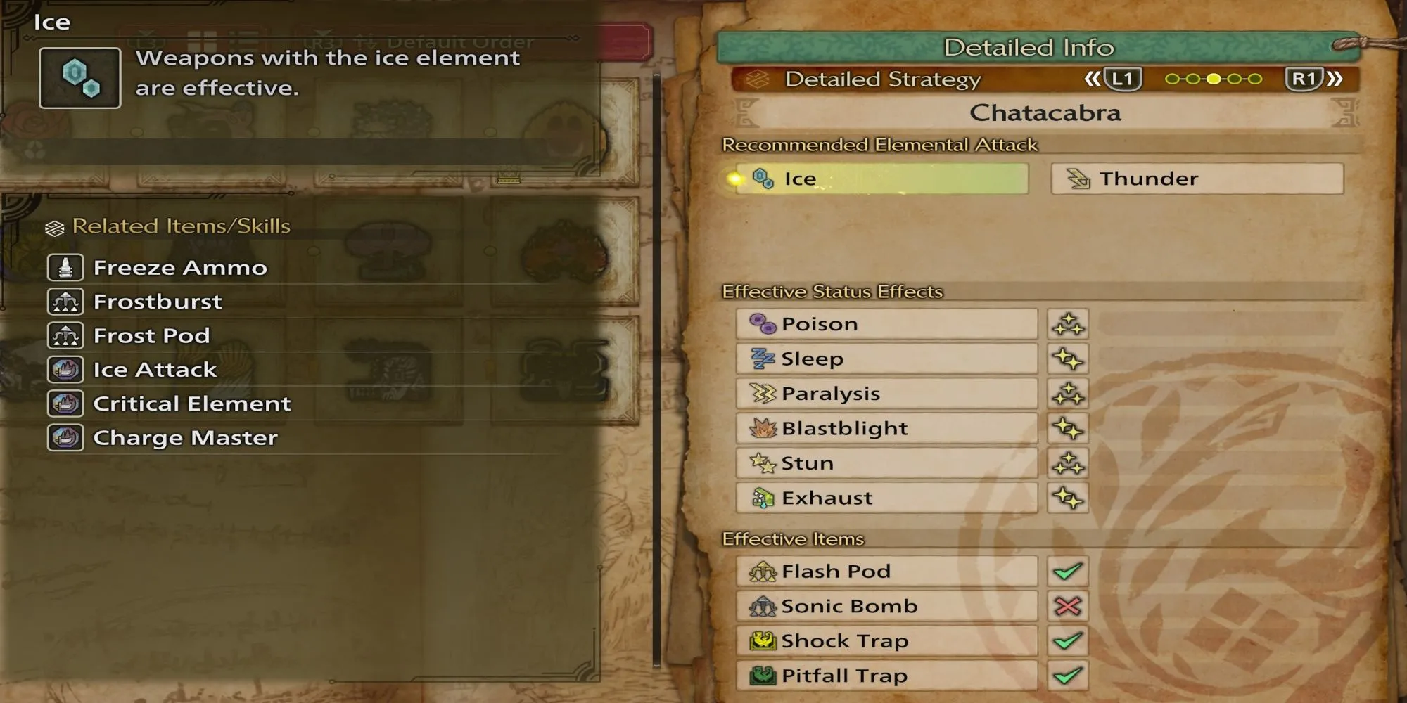 Sổ tay thợ săn hiển thị thông tin điểm yếu nguyên tố của quái vật Chatacabra trong Monster Hunter Wilds.