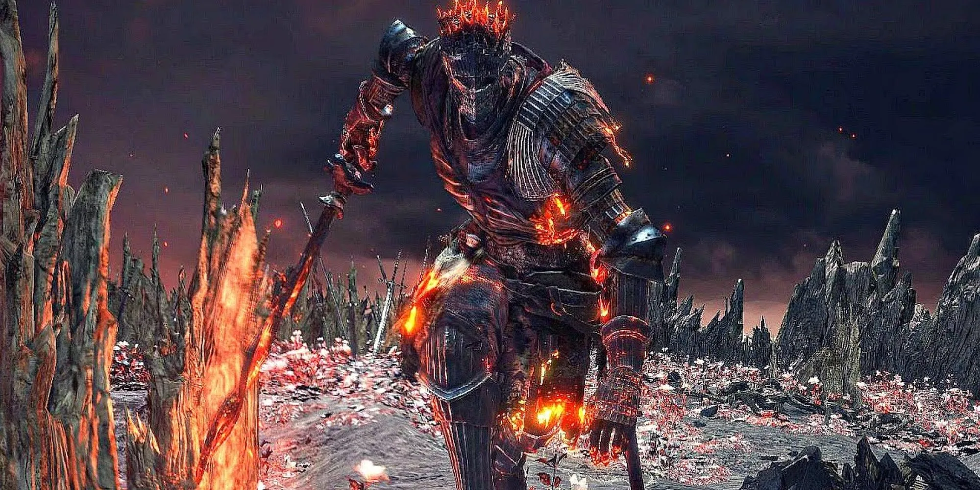Soul of Cinder trong Dark Souls 3 lao về phía người chơi, một trận đấu trùm cuối tổng hợp tinh hoa của series