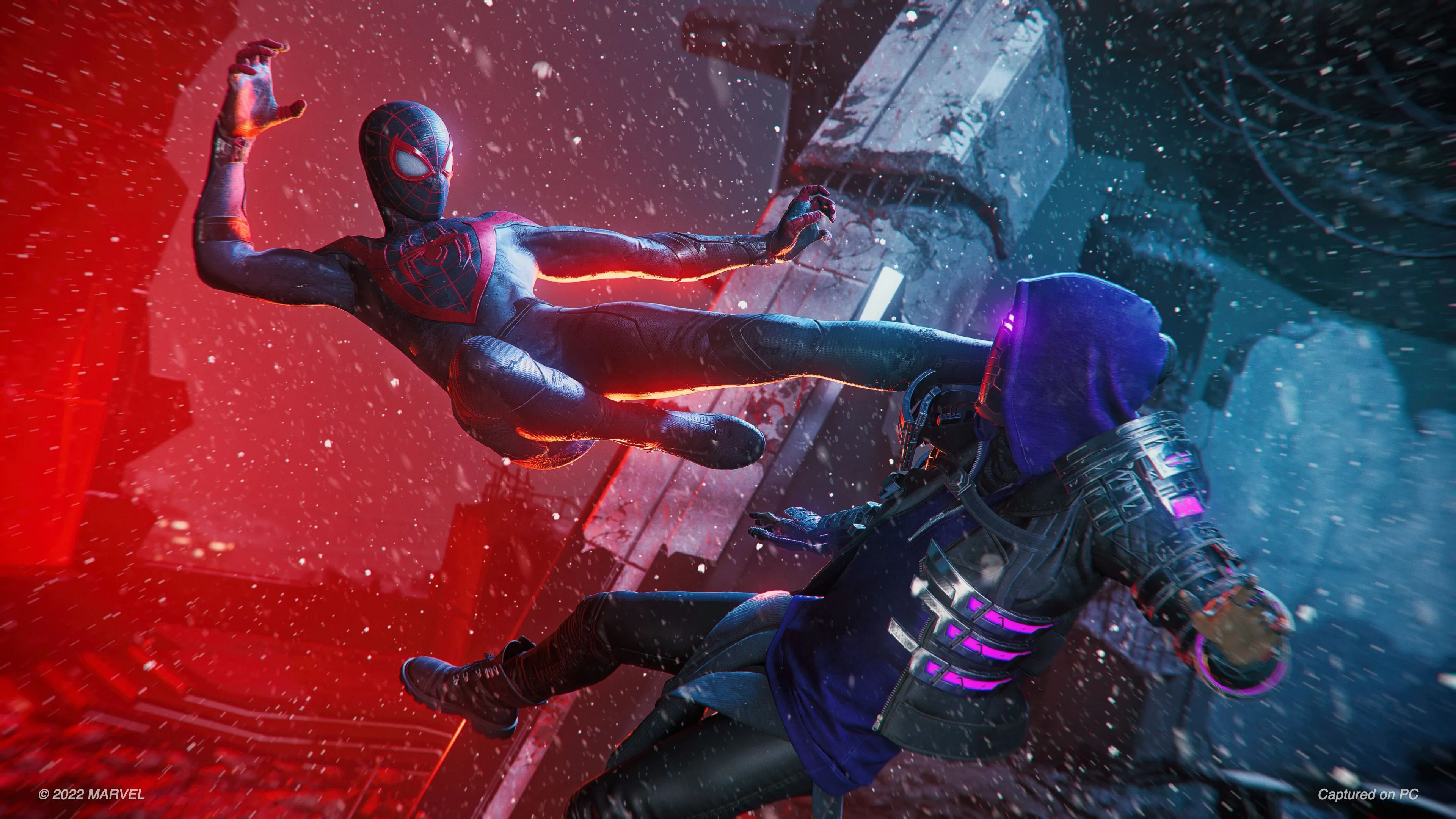 Spider-Man Miles Morales đu mình giữa thành phố New York trong game Spider-Man Miles Morales, hình ảnh đại diện cho chủ đề Người Nhện.