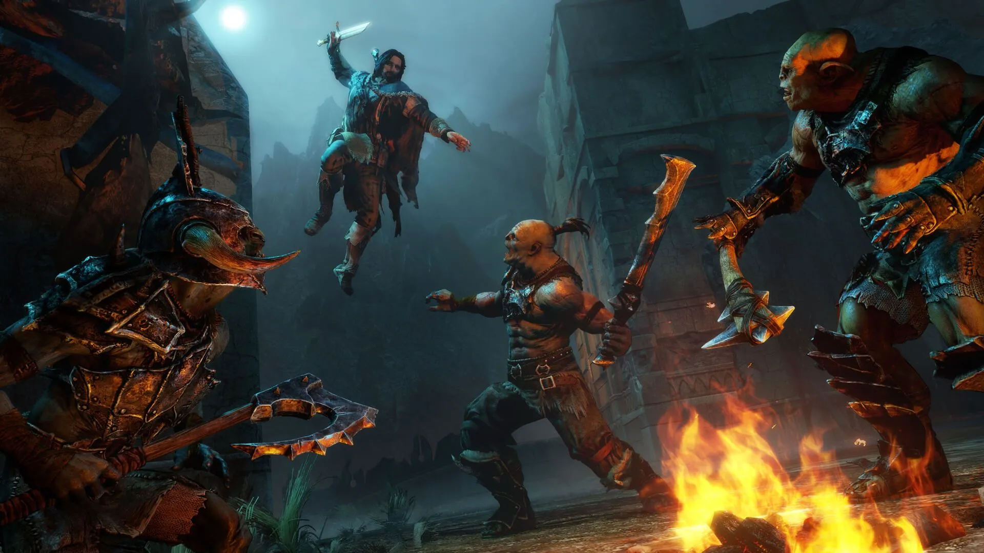 Talion tung đòn cận chiến trong Middle-Earth: Shadow of Mordor, minh họa cơ chế chiến đấu của hệ thống Nemesis