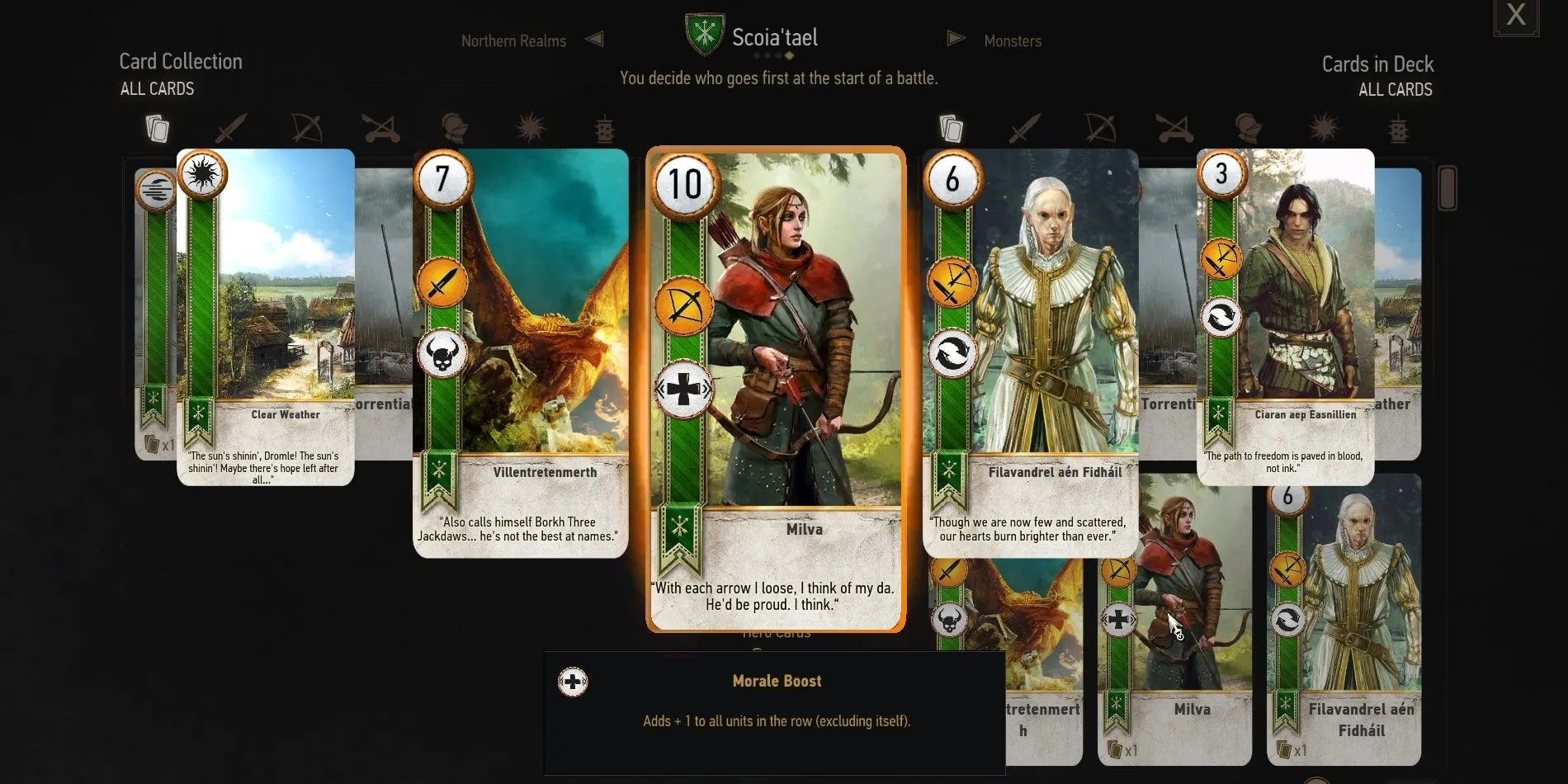 Thẻ bài Milva trong GWENT The Witcher Card Game, thể hiện đồ họa đặc trưng