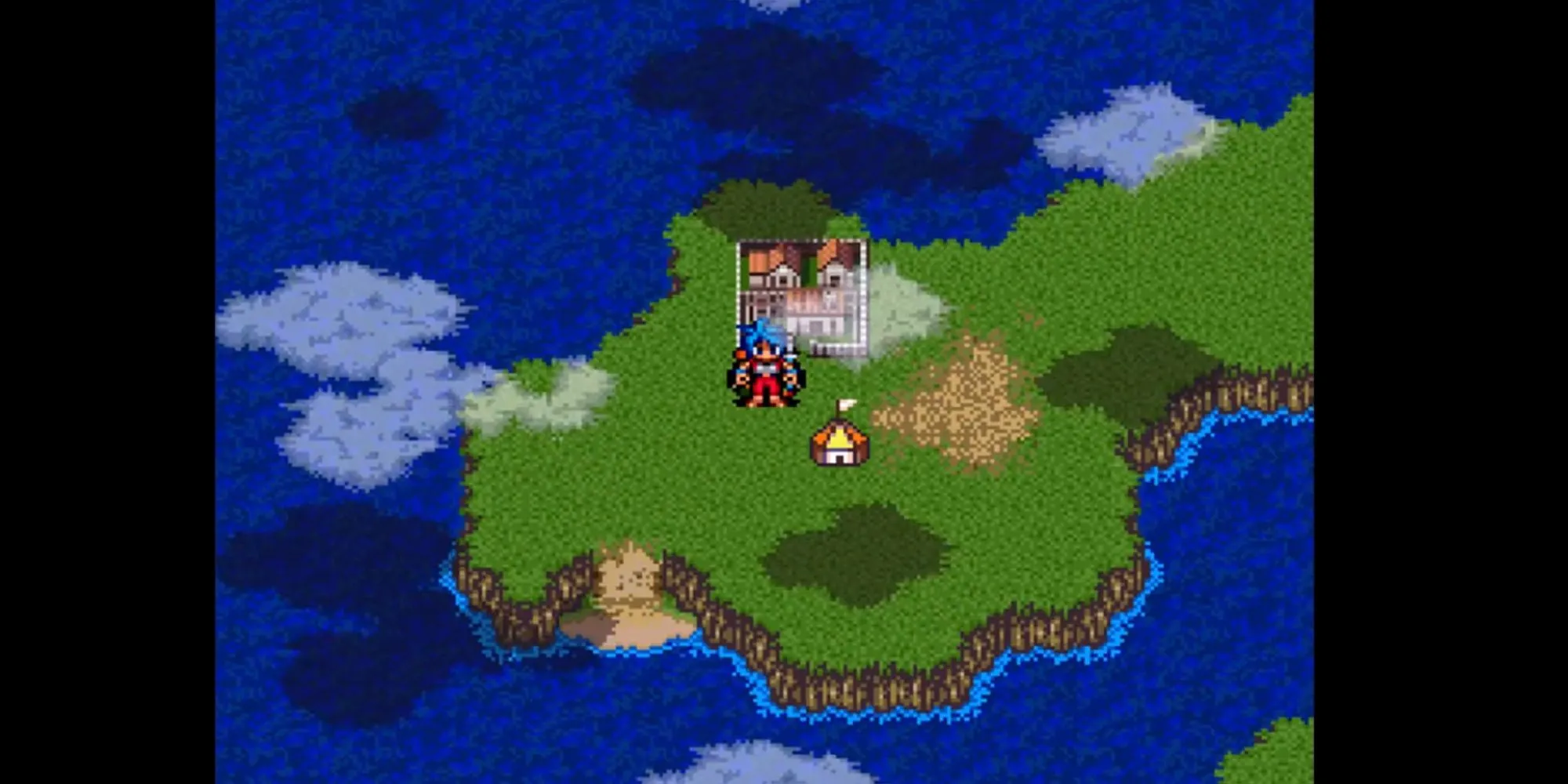 Thế giới trong Breath of Fire II nhìn từ trên cao, thể hiện đồ họa 16-bit cổ điển