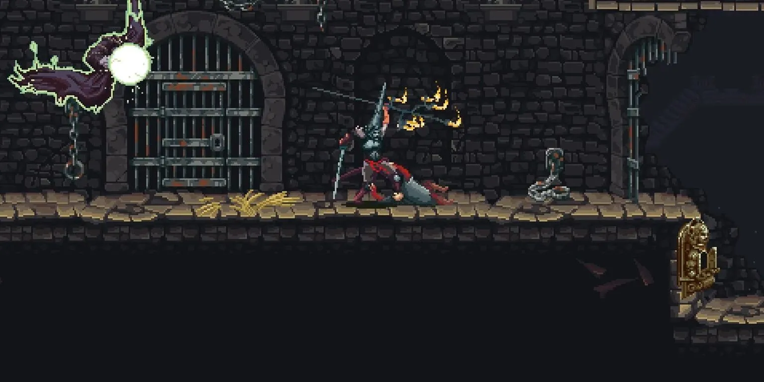 The Penitent One thực hiện một đòn kết liễu kẻ thù trong Blasphemous
