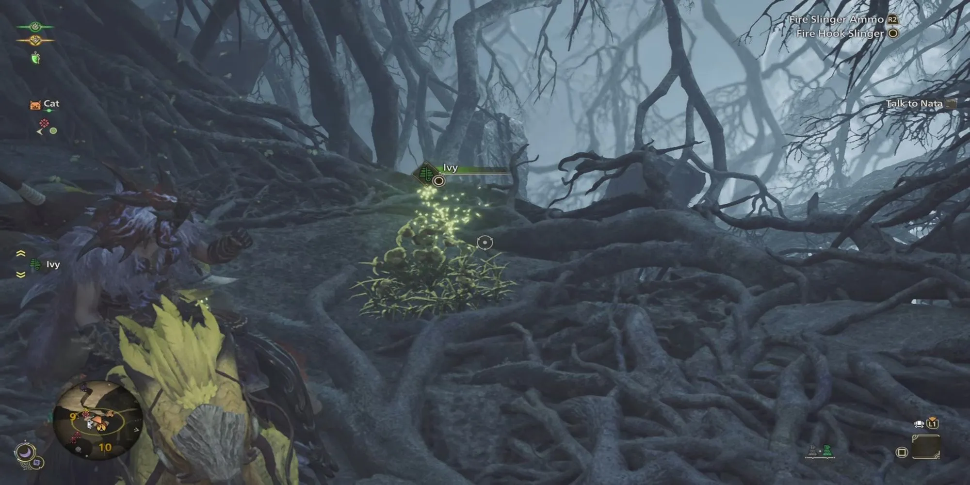 Thợ săn cưỡi Seikret sử dụng móc kéo để thu lượm vật phẩm từ xa trong Monster Hunter Wilds.