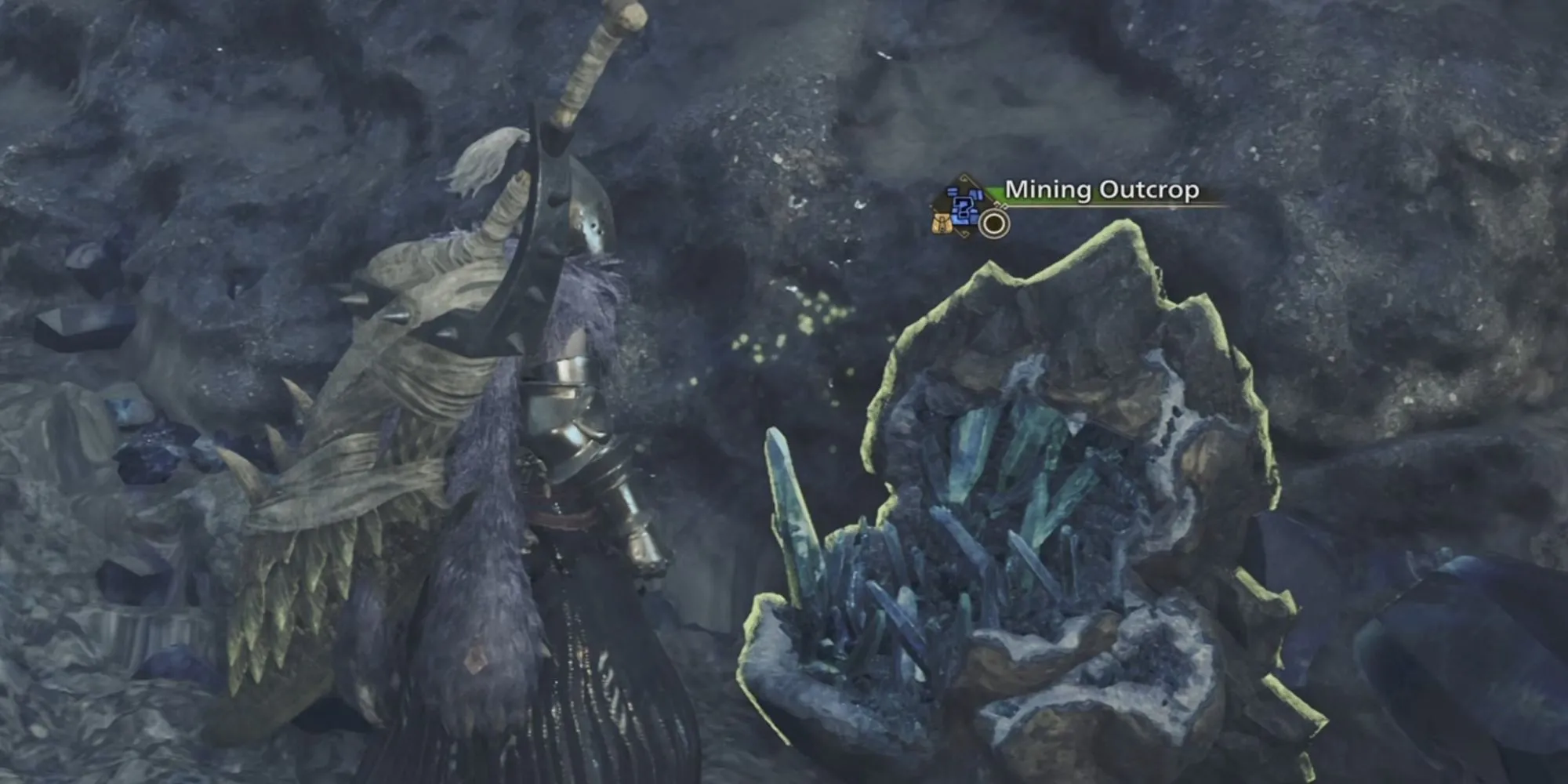 Thợ săn đang khai thác khoáng sản từ một mạch đá trong Monster Hunter Wilds