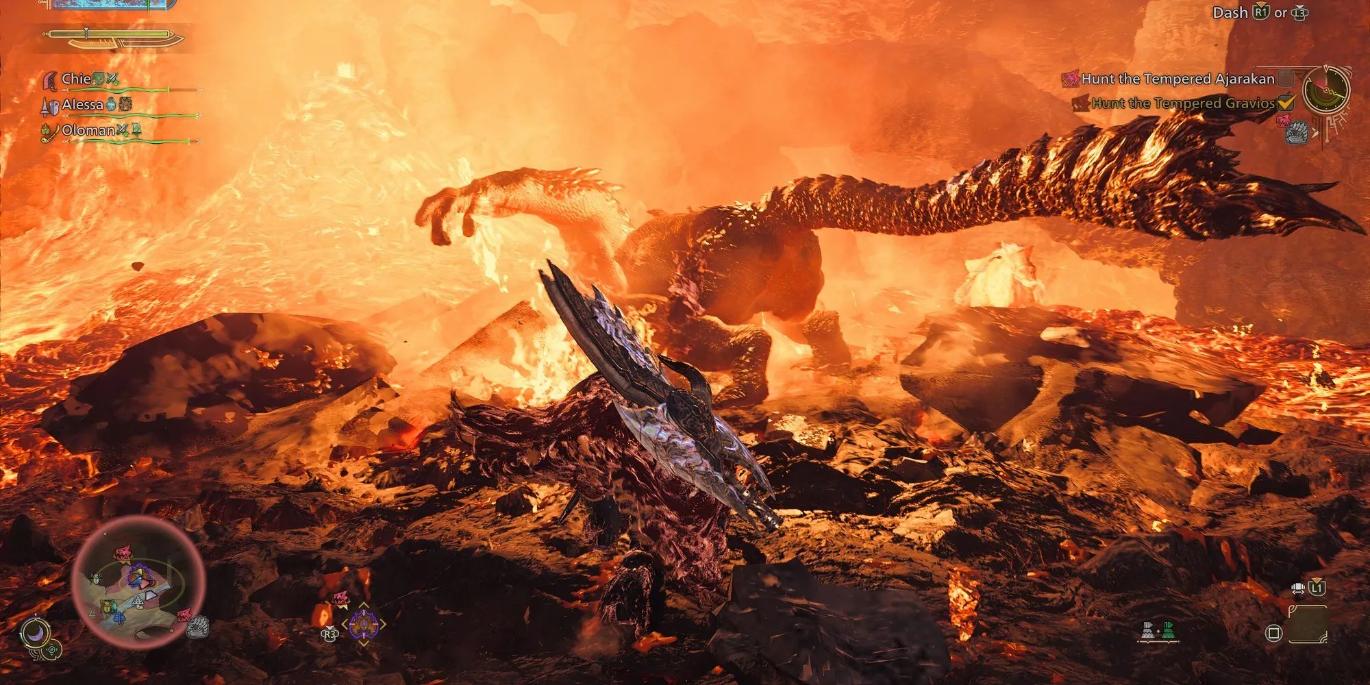 Thợ săn dùng Sword Mode của Switch Axe để chặt đuôi quái vật trong Monster Hunter Wilds, thu thập nguyên liệu quý hiếm