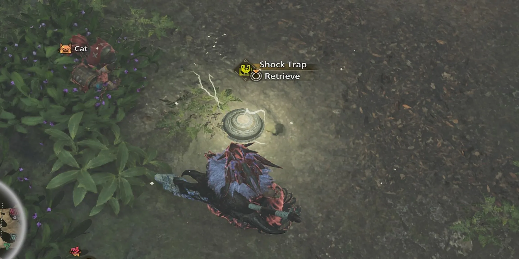 Thợ săn Monster Hunter Wilds đang nhặt lại một chiếc bẫy đã đặt để di chuyển đến vị trí khác hiệu quả hơn.