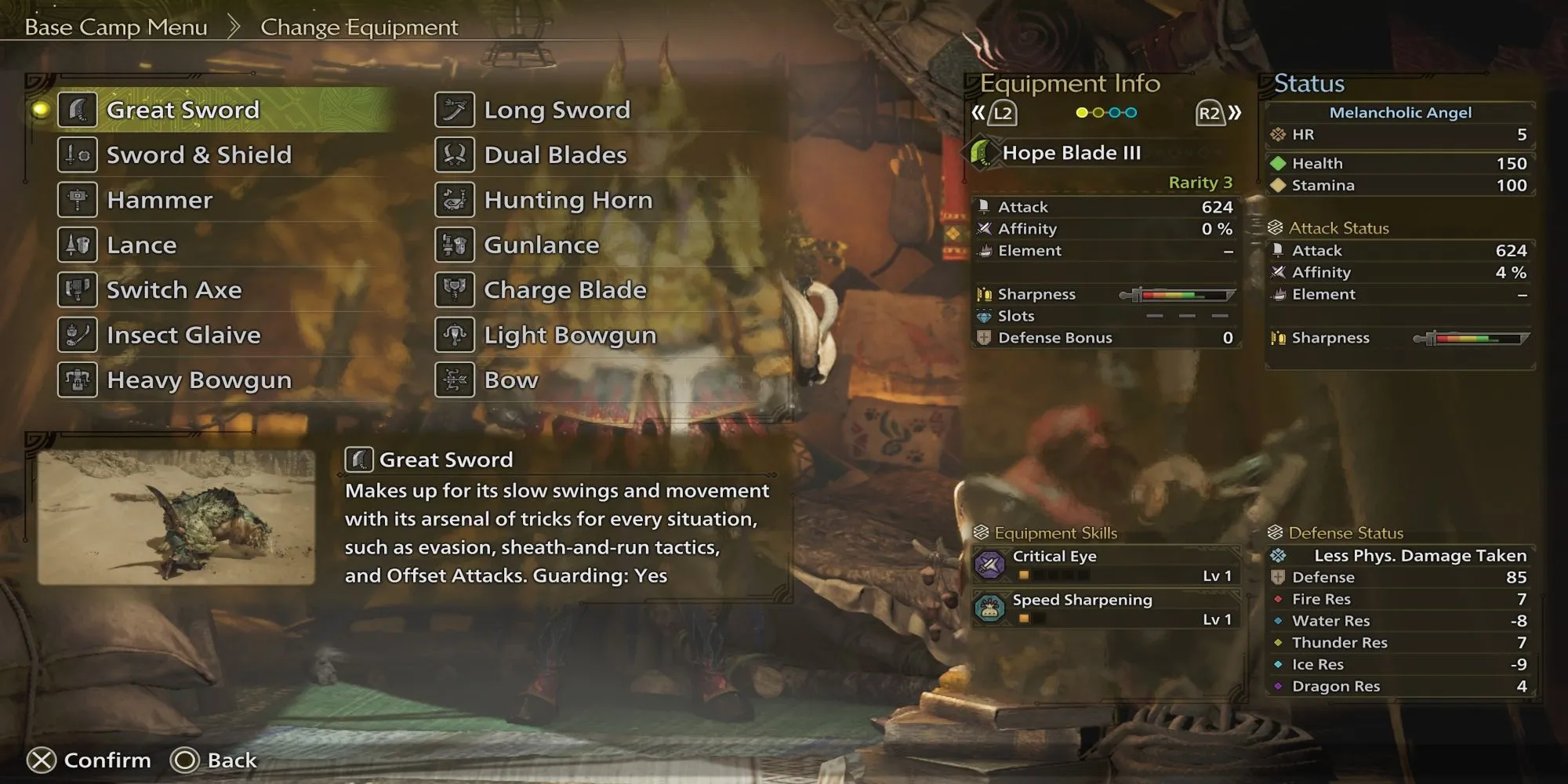 Thợ săn Monster Hunter Wilds đứng trước giá vũ khí, chuẩn bị lựa chọn công cụ đi săn.