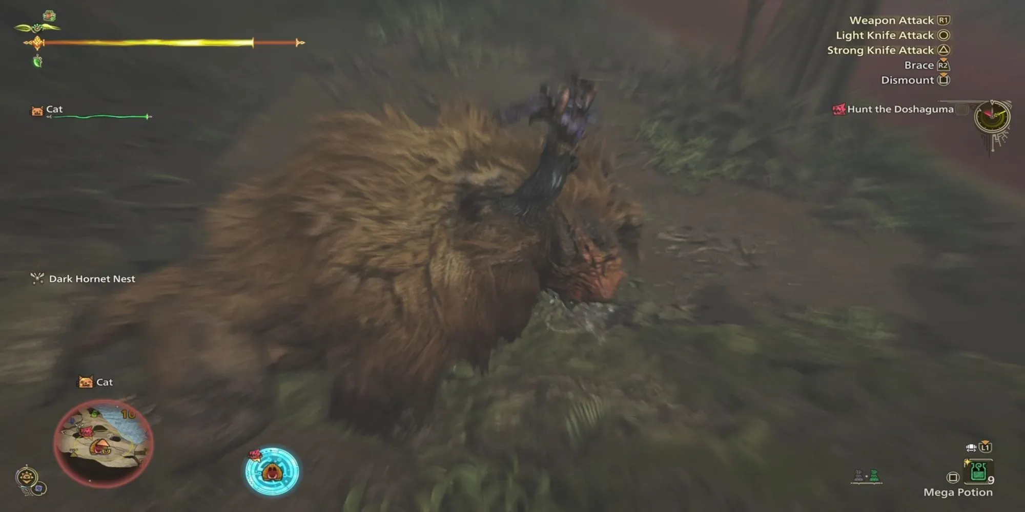 Thợ săn Monster Hunter Wilds thực hiện đòn tấn công kết liễu từ trên không khi đang cưỡi một con quái vật lớn.