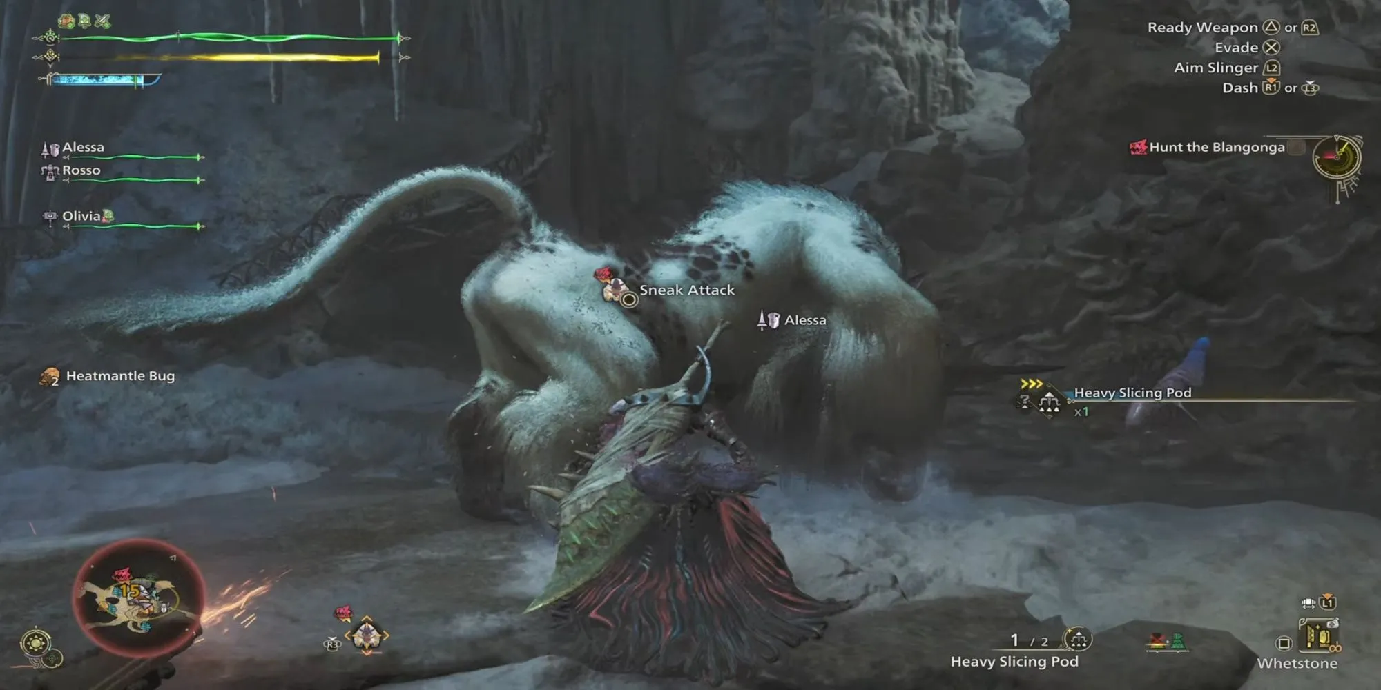 Thợ săn Monster Hunter Wilds thực hiện đòn tấn công lén từ phía sau một con quái vật không cảnh giác để gây thêm sát thương.