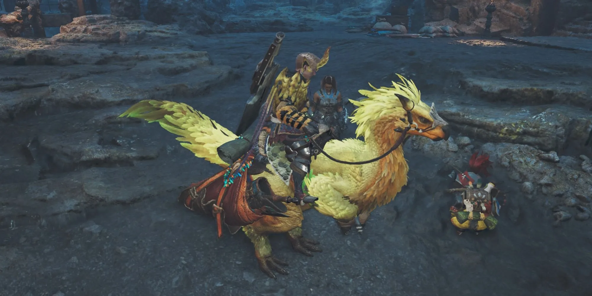 Thợ săn Monster Hunter Wilds trang bị Seikret và vũ khí trên lưng chuẩn bị cho chuyến đi săn.