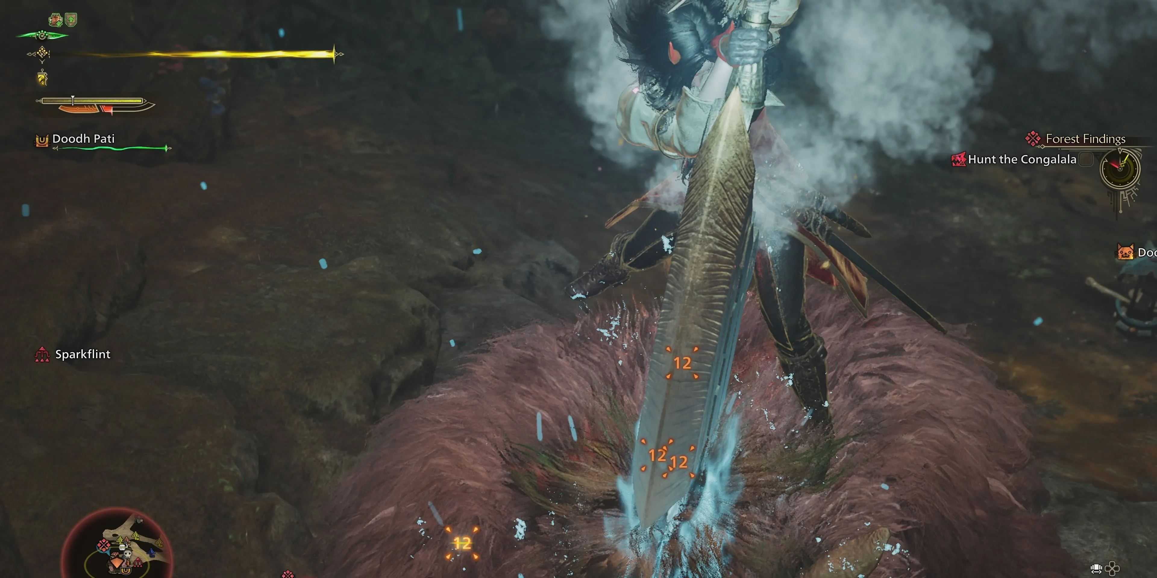 Thợ săn sử dụng đòn kết liễu (mount finisher) lên quái vật Congalala sau khi cưỡi trong Monster Hunter Wilds.