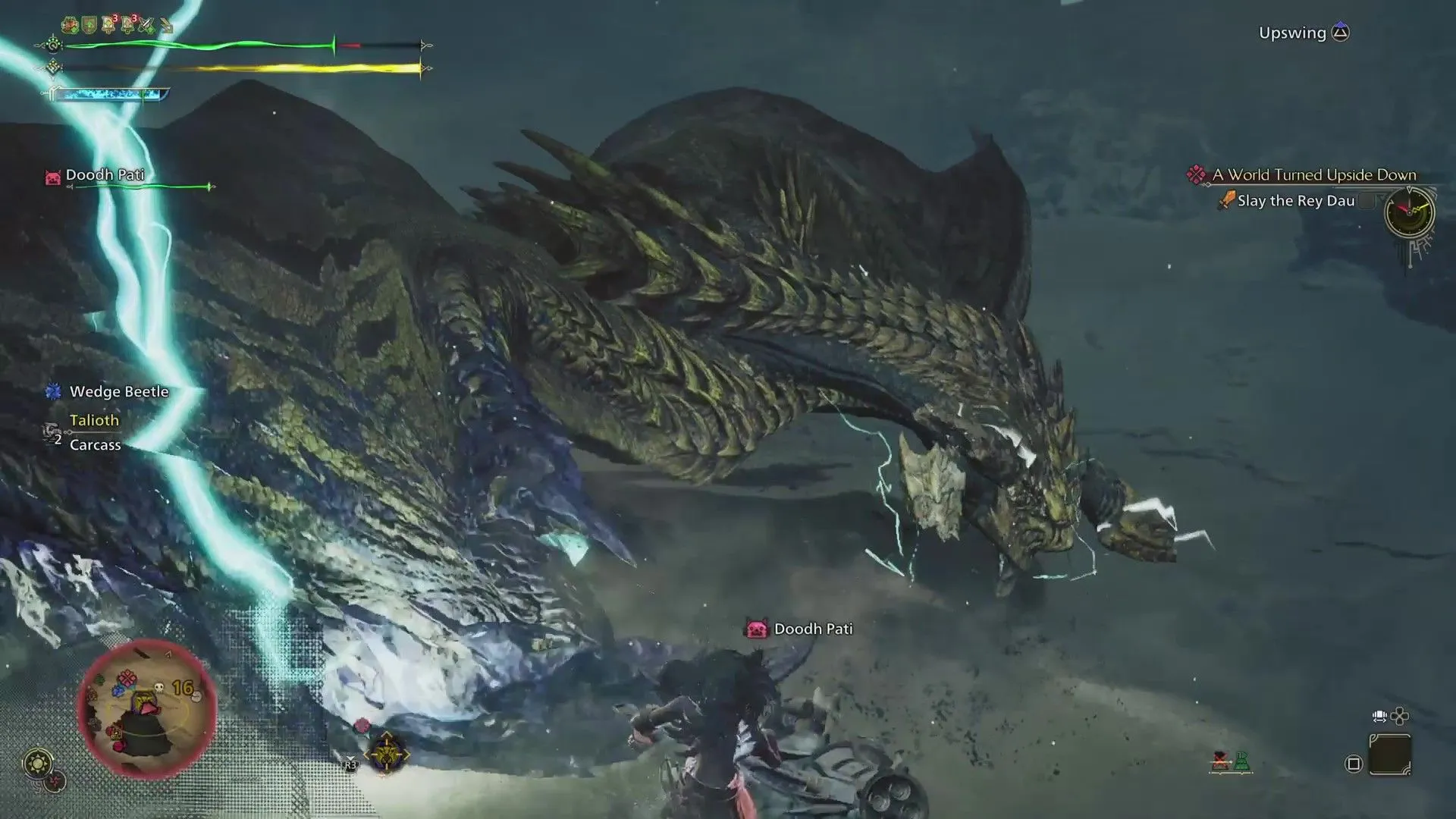 Thợ săn sử dụng đòn tấn công offset né tránh Rey Dau trong Monster Hunter Wilds
