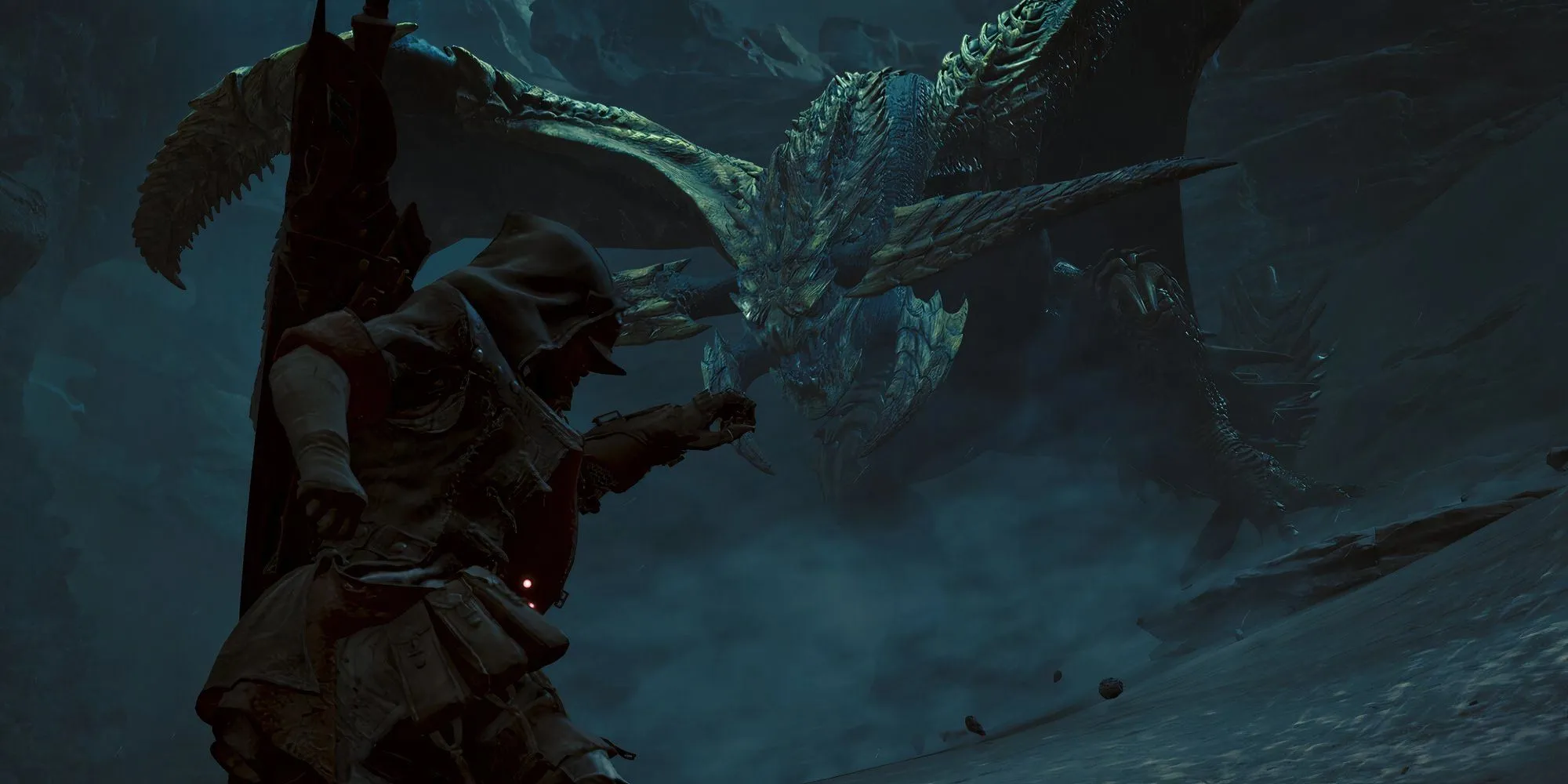 Thợ săn sử dụng vũ khí trong Monster Hunter Wilds chiến đấu với quái vật