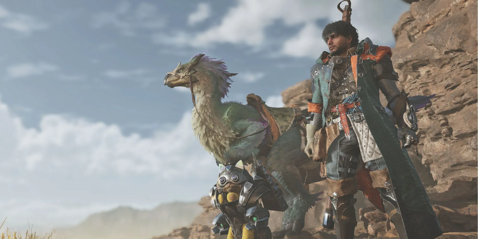 Thợ săn và Palico trong Monster Hunter Wilds chuẩn bị cho cuộc đi săn với trang bị tối ưu