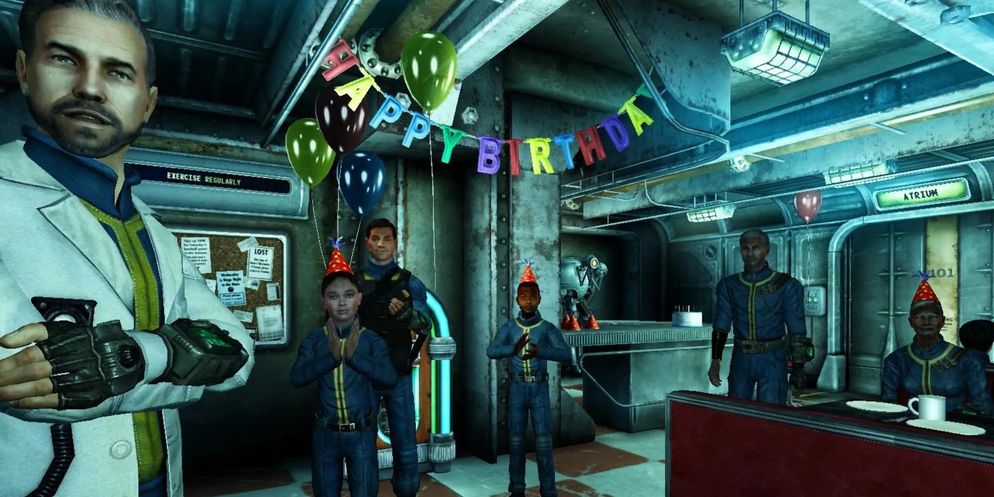 Tiệc sinh nhật trong Vault 101 của game Fallout 3 với đồ họa đã cũ
