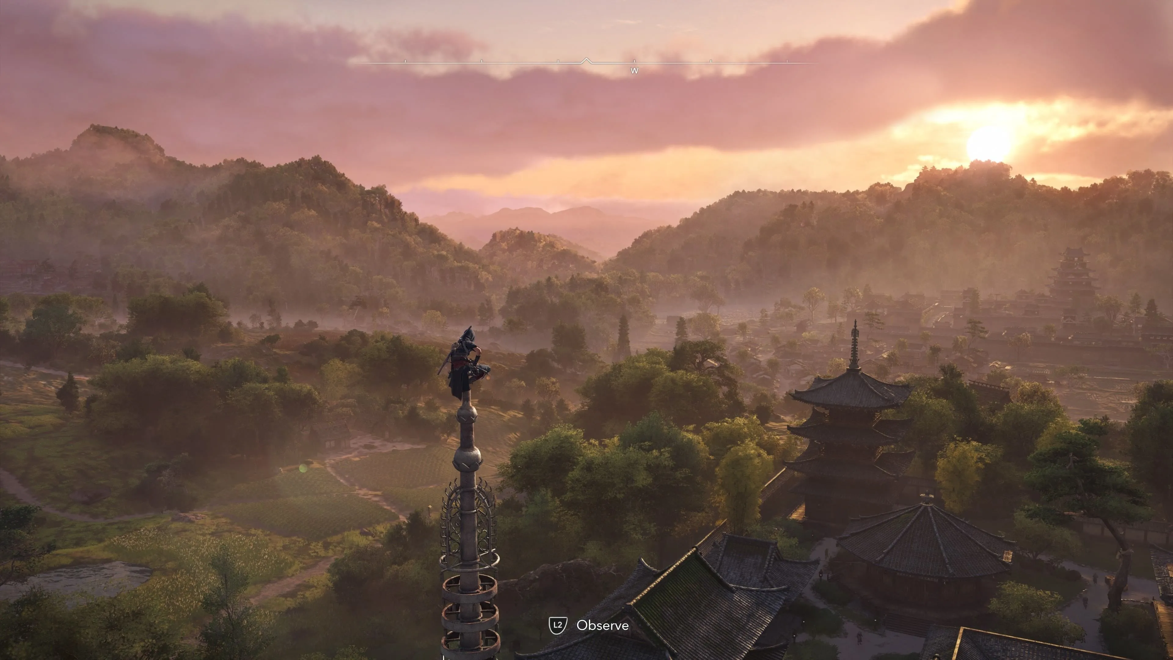 Toàn cảnh một thung lũng tuyệt đẹp trong Assassin's Creed Shadows với kiến trúc Nhật Bản đặc trưng