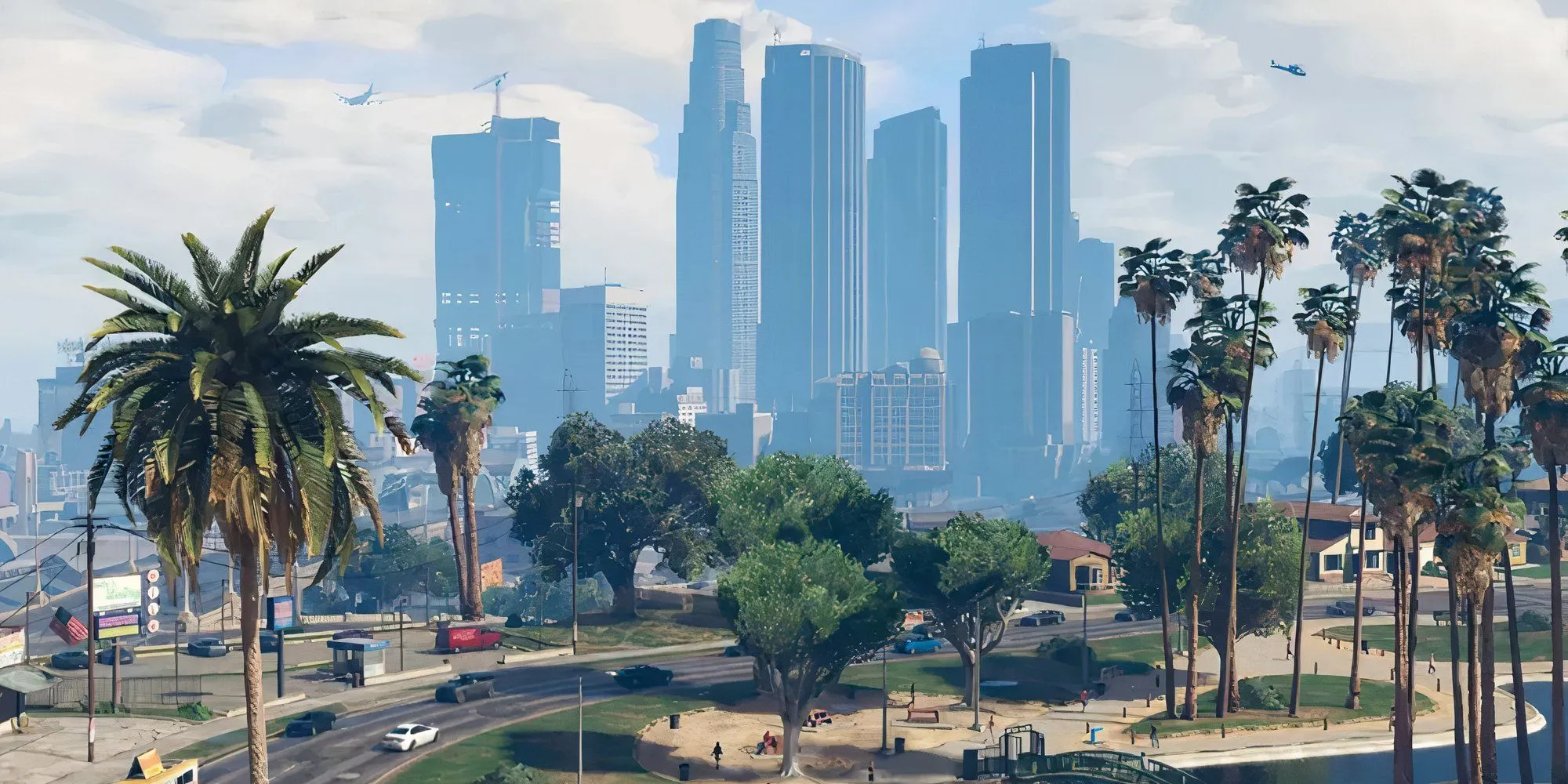 Toàn cảnh thành phố Los Santos trong Grand Theft Auto V với những tòa nhà chọc trời và đường phố đông đúc.