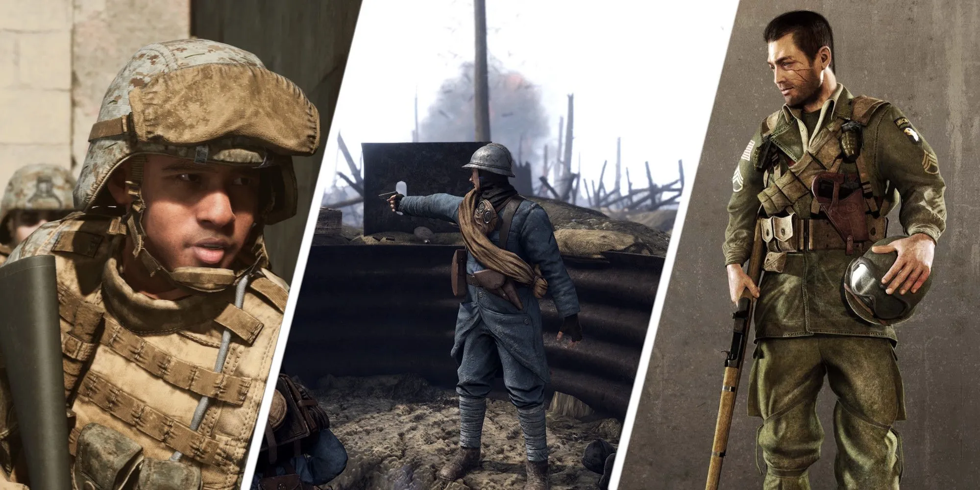 Tổng hợp hình ảnh từ các tựa game chiến tranh lịch sử như Six Days in Fallujah và Verdun