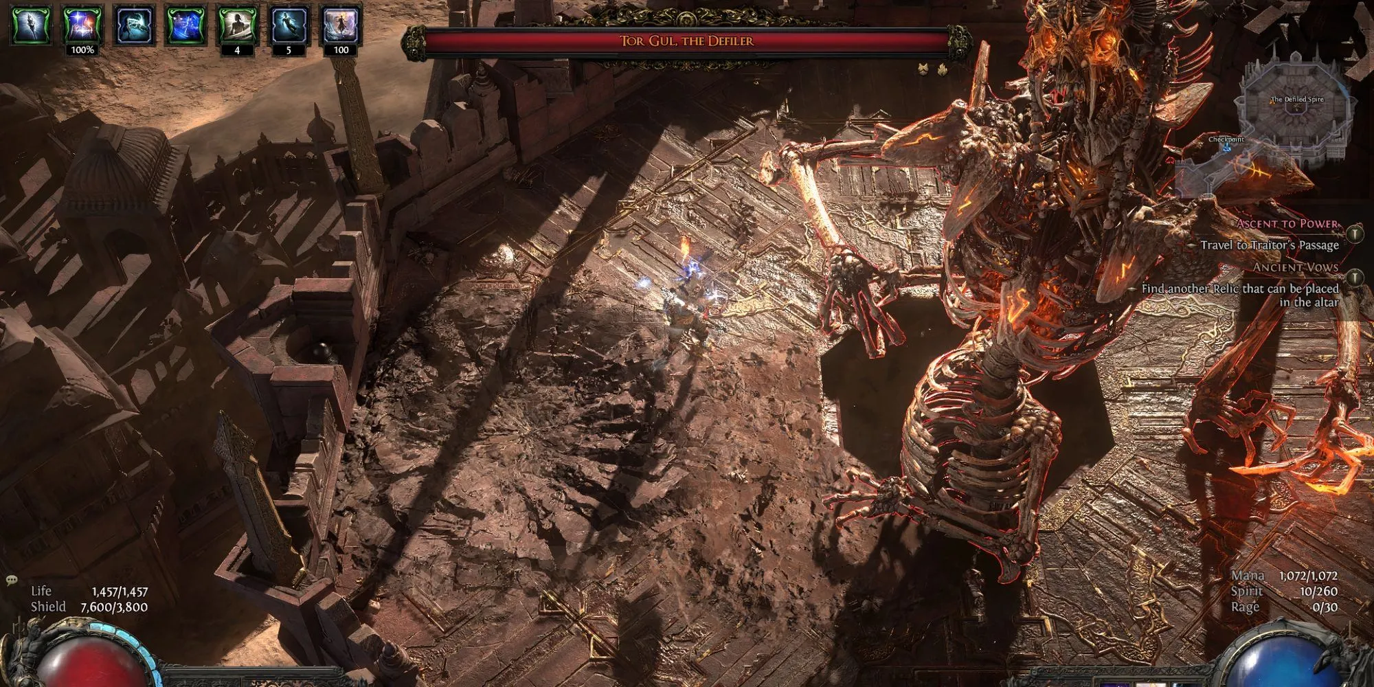 Tor Gul, Kẻ Báng Bổ, một boss khổng lồ bất động trong Path of Exile II Màn 2, được triệu hồi từ đống xương.